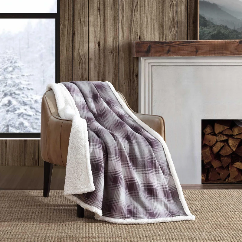 Eddie Bauer - Throw Blanket, Brushed Fleece Bedding with Sherpa Reverse, Soft & Cozy Plaid Home Decor for Bed or Couch (Nordic Plaid Purple, Throw) - Image 1