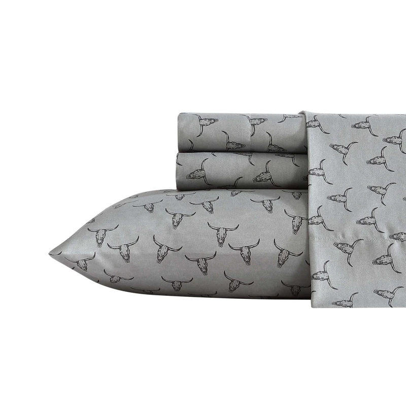 Wrangler - Queen Sheet Set, Silky & Lightweight Bedding Set, Western Home Decor, Yellowstone Inspired, Oeko-Tex Certified (Steer Skulls Grey, Queen)