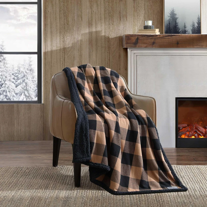 Eddie Bauer - Throw Blanket, Reversible Sherpa Flannel Bedding, Buffalo Plaid Home Decor for All Seasons (Cabin Plaid Beige, Throw)