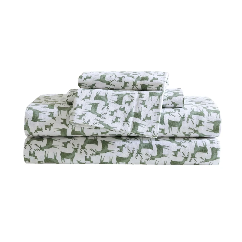 Eddie Bauer - Queen Sheets, Cotton Flannel Bedding Set, Brushed for Extra Softness, Cozy Home Decor, Oeko-Tex Certified (Deer Camp Green, Queen)