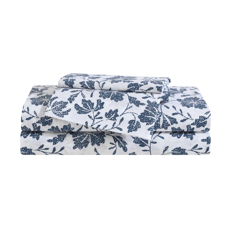 Eddie Bauer - King Sheet Set, Premium Cotton Percale Bedding Set, Floral Home Decor, Oeko-Tex Certified (Woodblock Floral Blue, King)