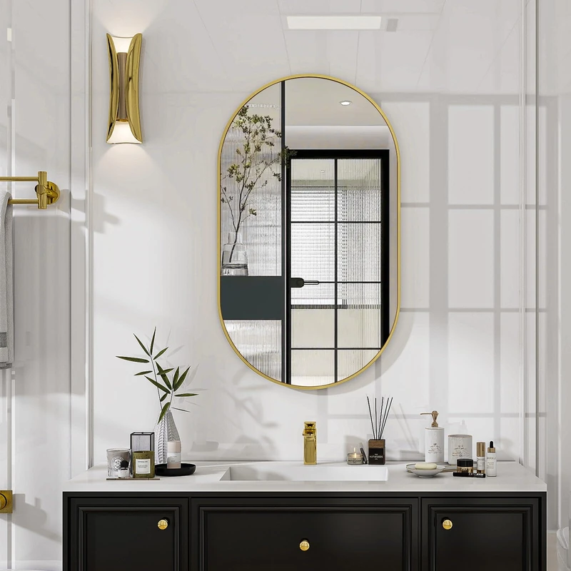 Koonmi 43 x 76 cm Oval Gold Bathroom Mirror - Distortion-free Tempered Glass Wall Mounted Horizontal or Vertical Hanging Mirror for Bedroom