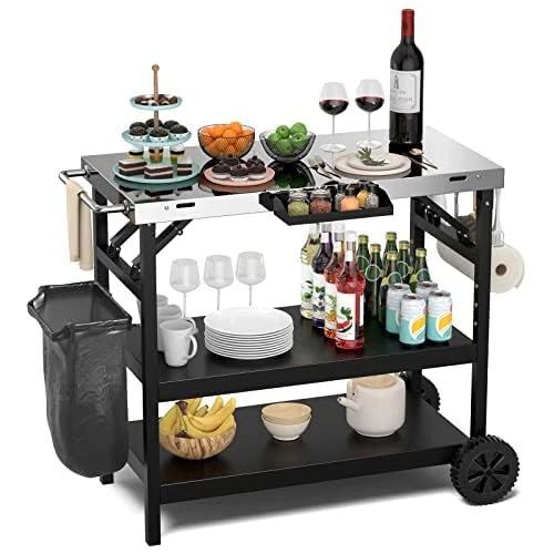 Generisch Barbecue Table with 3 Shelves, Barbecue Trolley with Adjustable Shelf, Phone Stand, Spice Rack, Towel Holder, Tissue Holder & Hook, Outdoor Serving Trolley, Side Table - Image 1