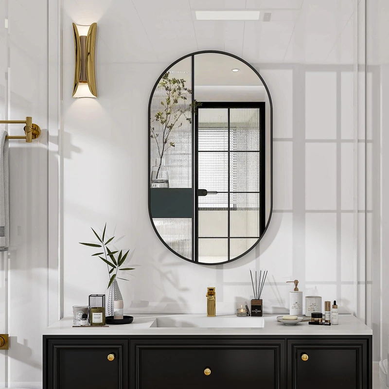 Koonmi Black Oval Bathroom Mirror 43 x 76 cm - Oval Tempered Glass Wall Mirror - Distortion Free Vanity Mirror - Hanging Horizontally or Vertically - for Bedroom