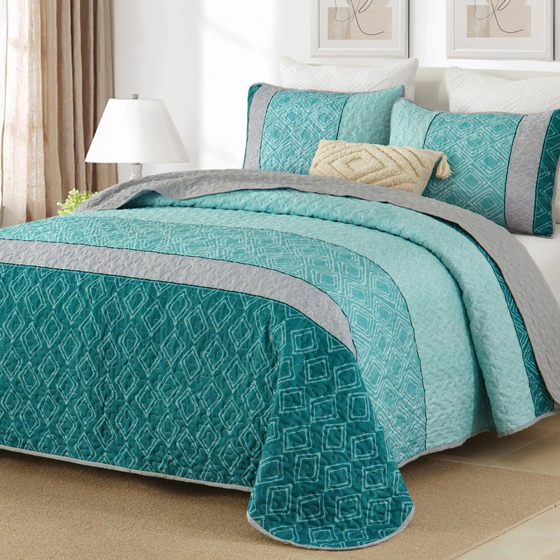 Cottolester Teal Quilt Set Full Size,Striped Plaid Bedspread,Blue Boho Bedding Set Soft Microfiber Quilt for Teens Boys Adults 78"x90"