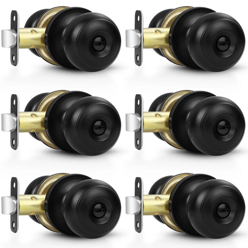Estmoon 6 Pack Black Door Knobs Interior Door Knobs for Bedroom Bathroom Privacy Round Ball Door Knob