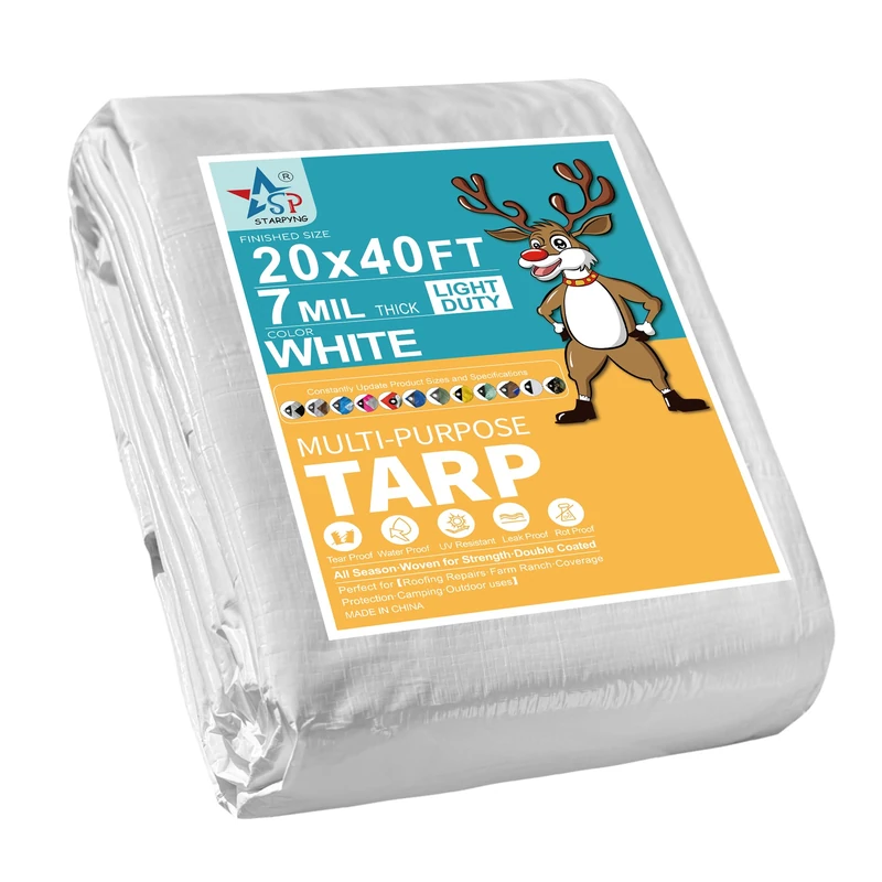 STARPYNG-7 Mil White 20x40 Feet Tarp-Multifunctional White Waterproof Tarpaulin-Waterproof, UV Resistant, Rip and Tear Resistant, Poly Tarpaulin with Reinforced Edges for Cover