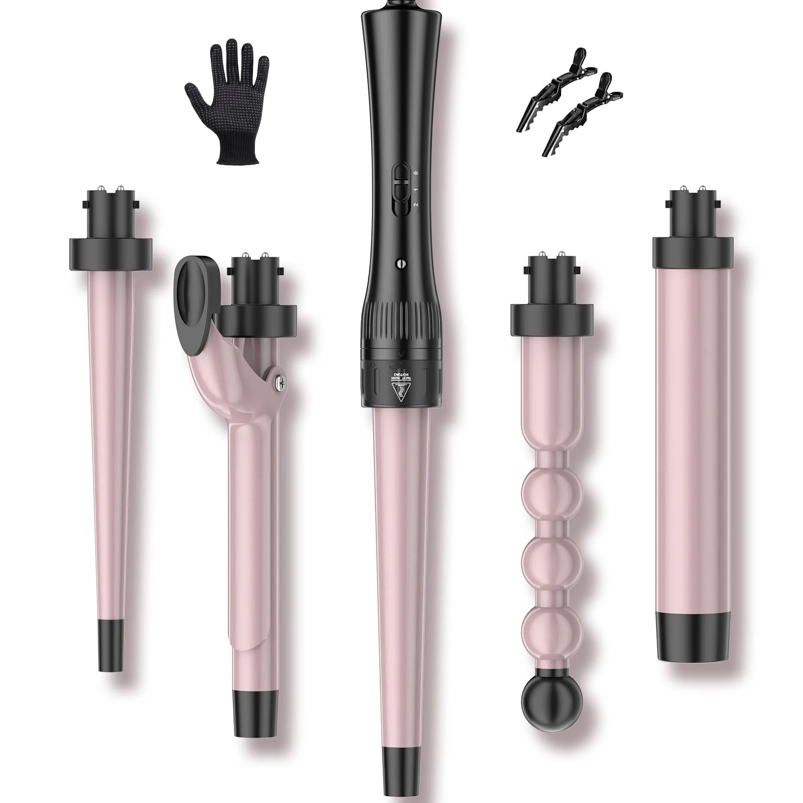 Hair Curling Wand Iron Tongs with Anti-Scald Head, 5 in 1 Hair Curler for Long Hair 10mm-32mm with 2 Crocodile Clips 1 Anti-Scald Silicone Gloves, PTC Ceramic LCD 180°C & 210°C