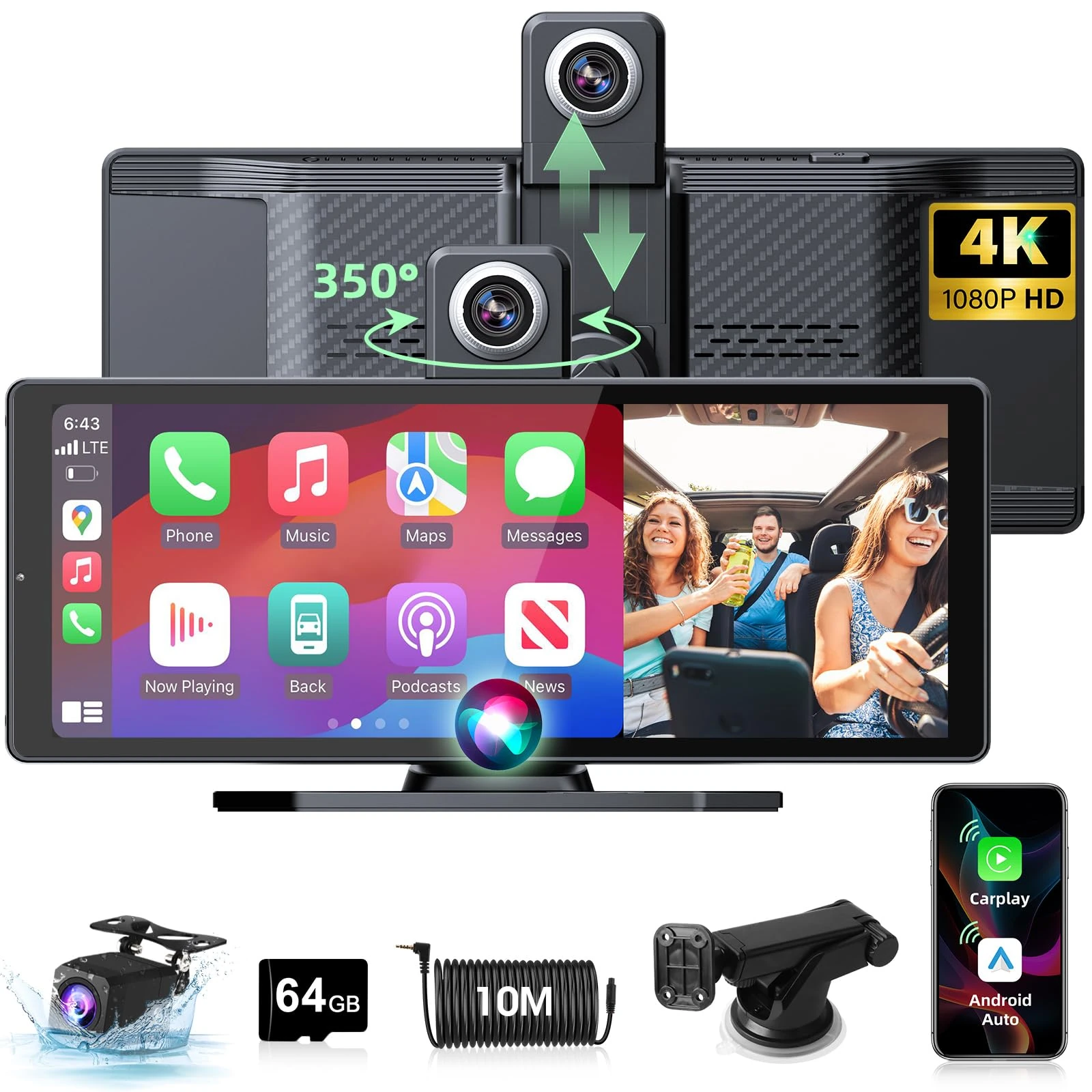 350° Rotatable Apple Car Play Screen Android Auto 10.26 inch Car Tablet Pro Max 2025, 4K Dash Cam with Front and Rear Camera, Carplay Screen with Dual Bluetooth Navigation Voice Control Siri G-oogle