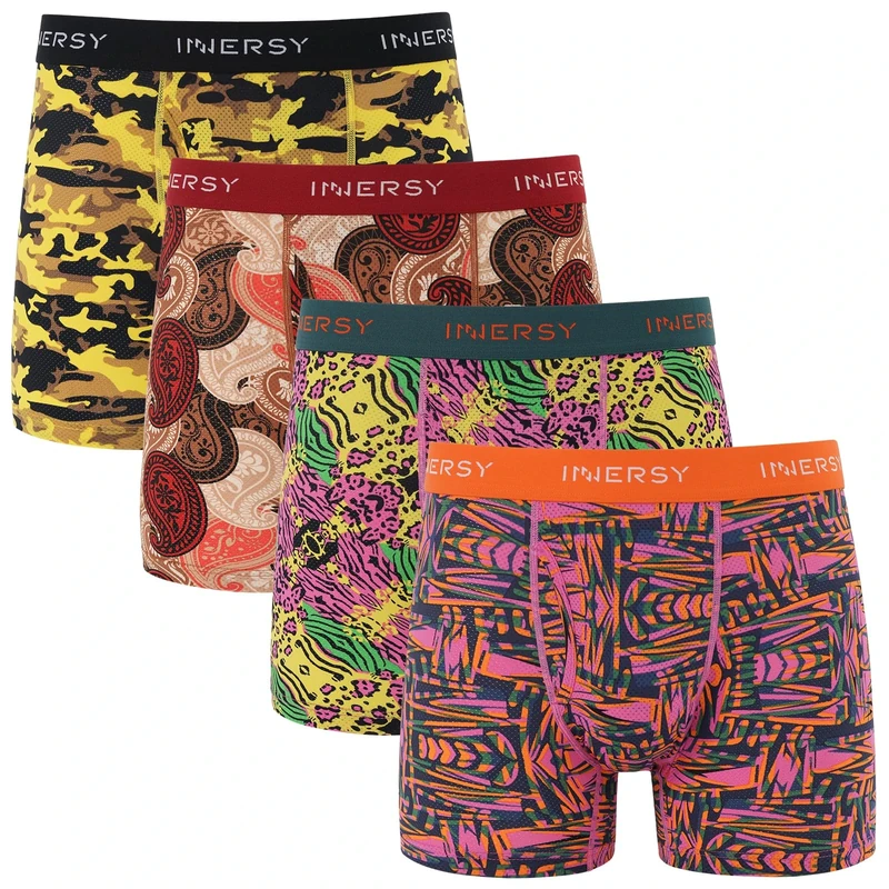 INNERSY Boxers for Men Quick Dry Underpants Cool Trunks Pants Sports Underwear Multipack 4 (L, Colourful Pattern)