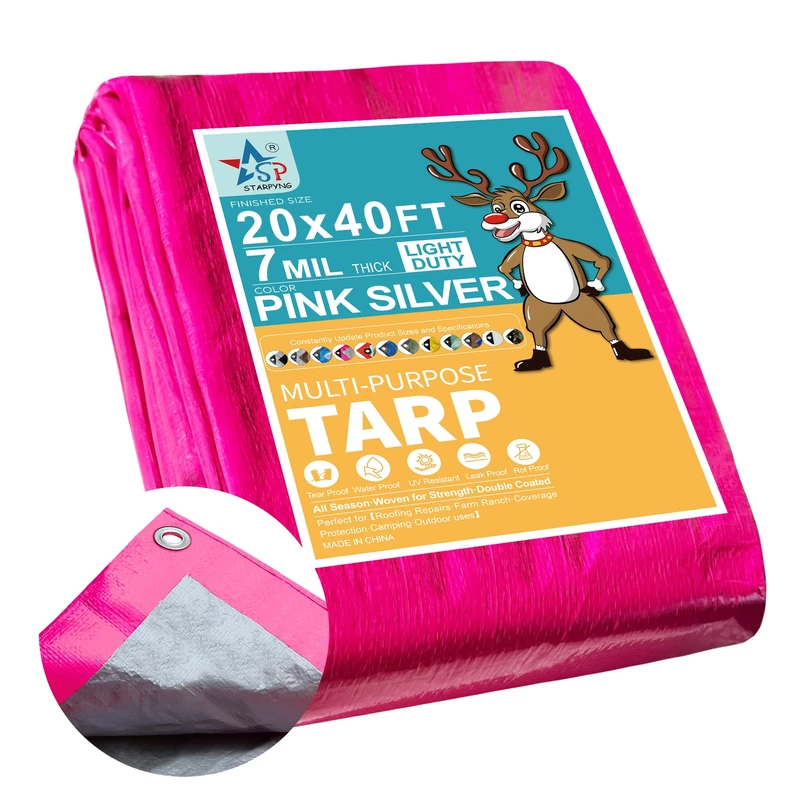 STARPYNG-7 Mil Pink/Silver 20x40 Feet Tarp-Multifunctional Waterproof Tarpaulin-Waterproof, UV Resistant, Rip and Tear Resistant, Poly Tarpaulin with Reinforced Edges for Cover