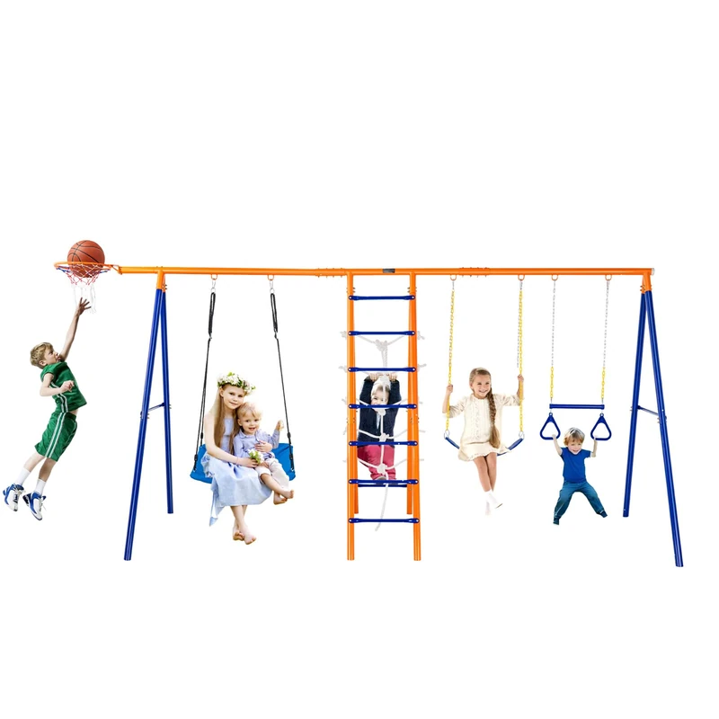 VEVOR Swing Sets for Backyard, 6 in 1 Swing Set with 2 Swings, Trapeze Bar, Climbing Ladder, Climbing Net, and Basketball Hoop, 440lbs Load Capacity Heavy-Duty Metal Swingset Outdoor for Kids Ages 3+