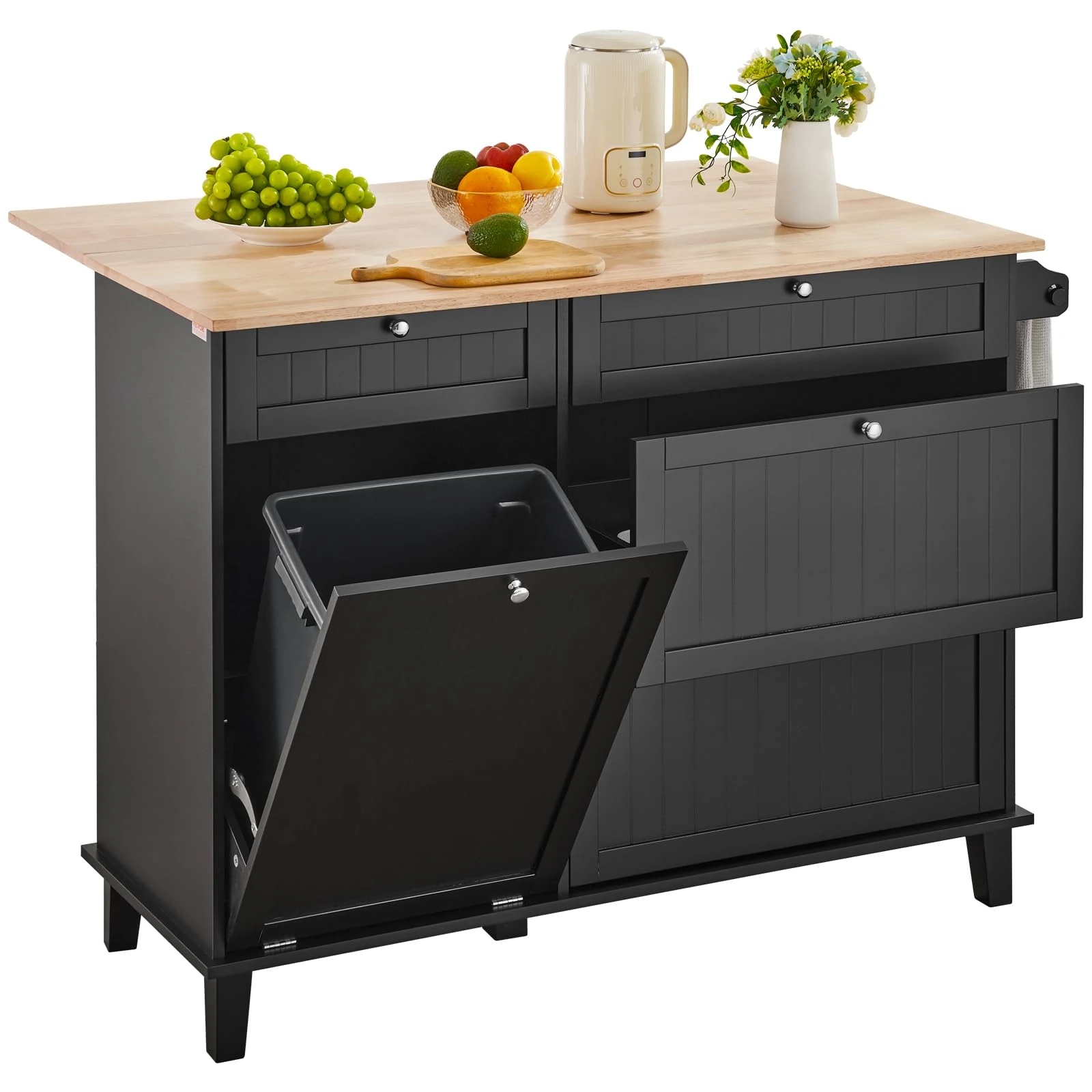 VEVOR Kitchen Island Cart, 50" Wood Top Breakfast Bar with Trash Cabinet Tilt Out 10 Gallon Storage, Farmhouse Dining Living Room Table with Drop Leaf, Towel Bar, Drawer, Black