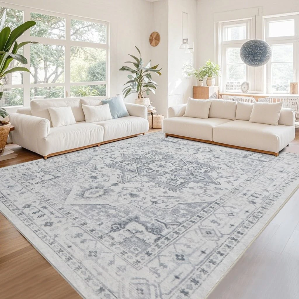 Srugn Area Rugs 5x7 Washable Area Rugs for Living Room- Ultra Soft Non-Shedding Faux Wool Bedroom Rug Grey Vintage Print Rugs Non Slip Dining Room Rugs Large Floor Carpet for Farmhouse Home Office