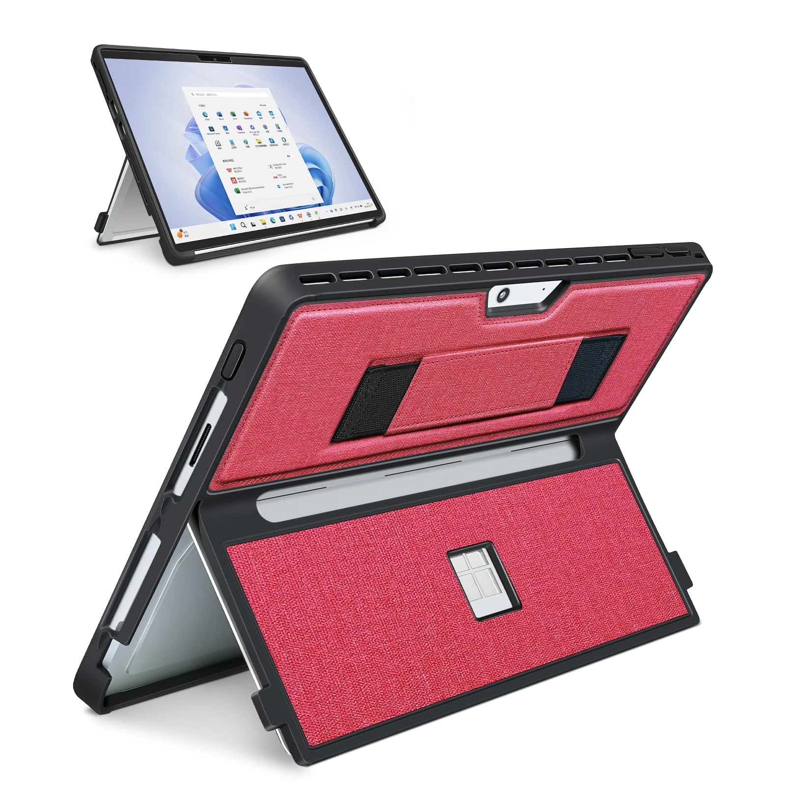SSS·GRGB Protective Case for Microsoft Surface Pro 11/10/9/8 13-Inch - Slim All-in-One Rugged Cover with Hand Strap, Compatible with Type Cover Keyboard & Adjustable Multi-angle Stand (Red)