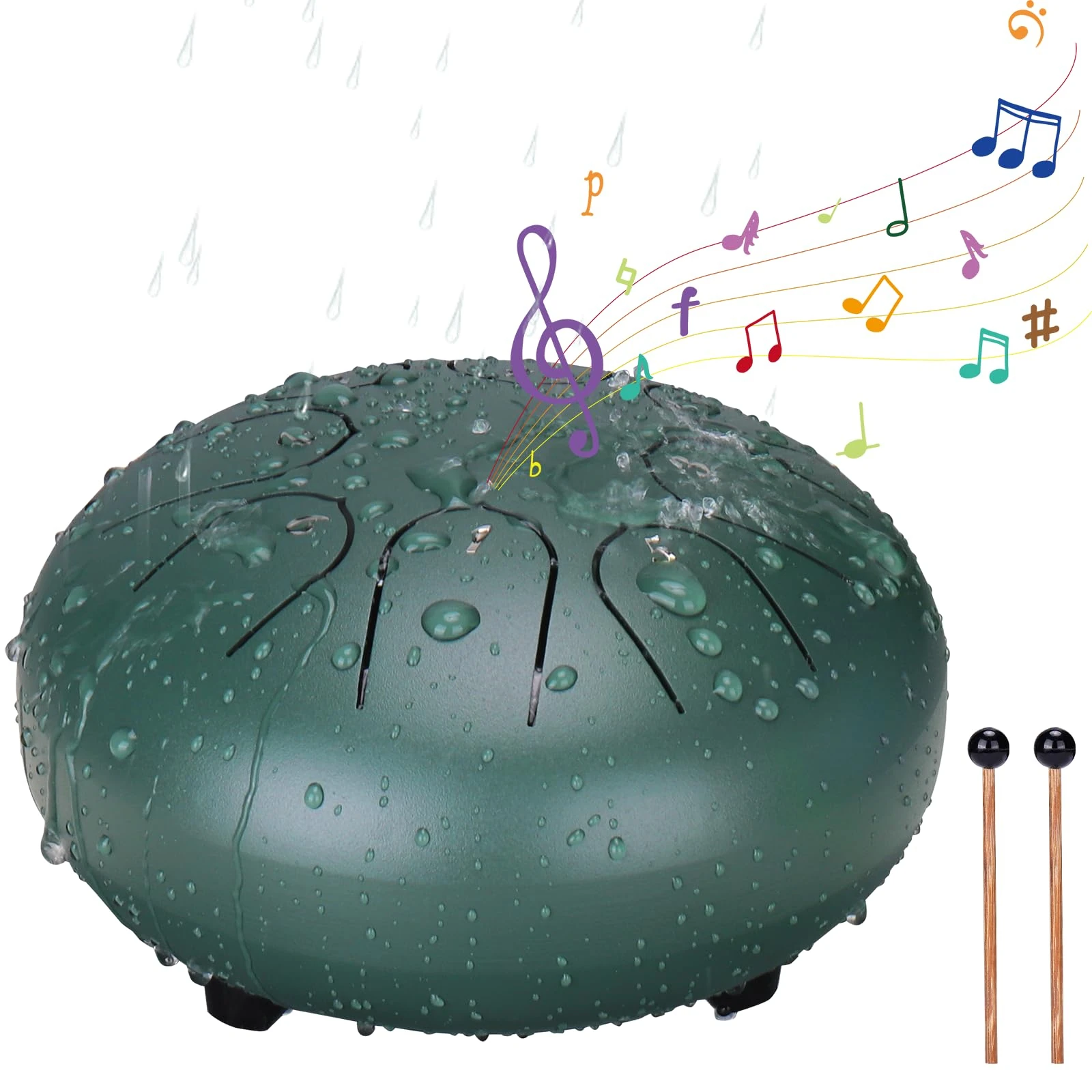 BABORUI Upgraded Non Waterlogging Rain Drum for Outside - 6 Inch Steel Tongue Drum Rain Chime, Musical Outdoor Instrument (Green)