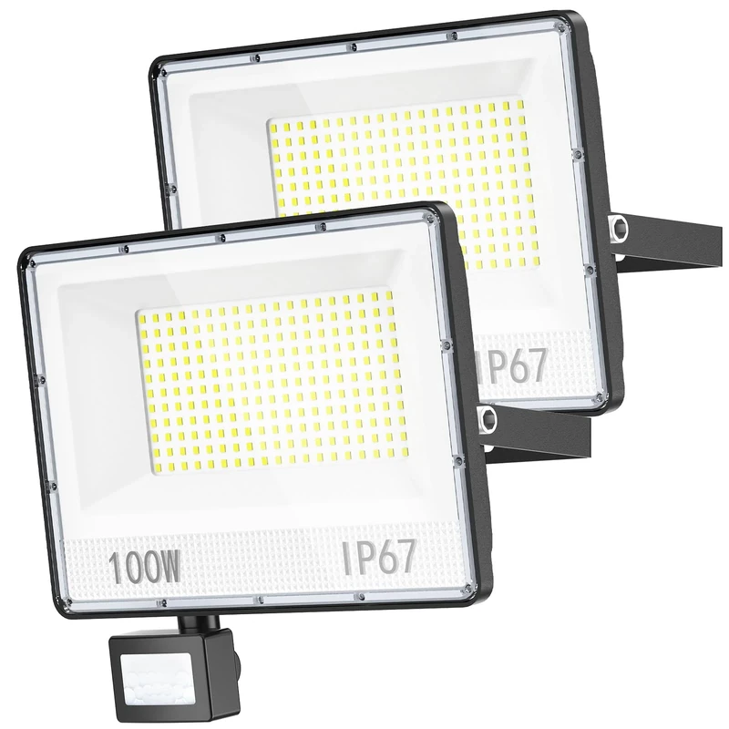 YIQIBRO Security Lights Outdoor Motion Sensor 100W 2 Pack - 10000LM LED Security Lights with Motion Sensor Mains Powered IP67 Waterproof, 7000K PIR Floodlight for Garden/Yard/Patio