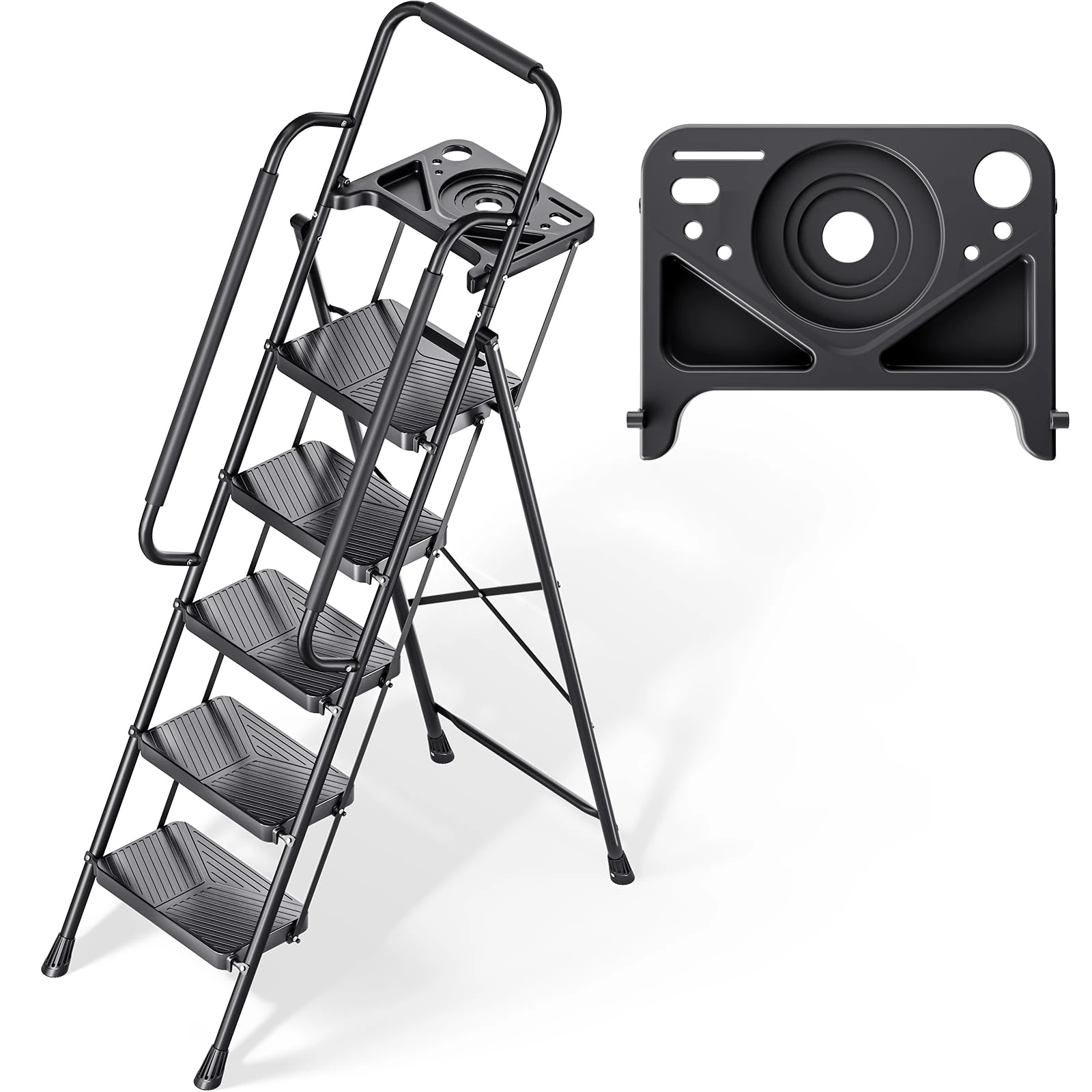 KINGRACK 5 Step Ladder, Folding Step Stool with Safe-Lock Design, 500 lbs Sturdy Steel Ladder with Tool Platform, Wide Anti-Slip Pedal, Convenient Handrail for Household and Kitchen, Black