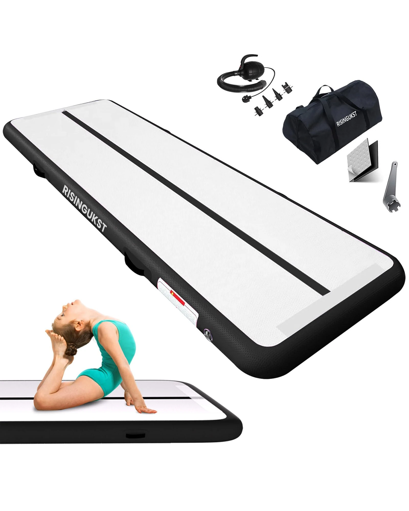 RISINGUKST Air Gymnastics Track Tumbling Mat Inflatable, 6.6ft 10ft 13ft 16ft 20ft Training Mats 4/8 Inch Thickness, Air Roller Air Barrel (Black, 400 * 100 * 10cm)