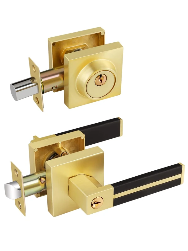 EHOMEWARE Gold-Tone Door Knobs with Single Cylinder Deadbolt, Brushed Door Handles Interior, Door Pulls Wrapped with Black Leather, Sturdy Door Lever in Satin Brass Finish, Left/Right, Set of 4