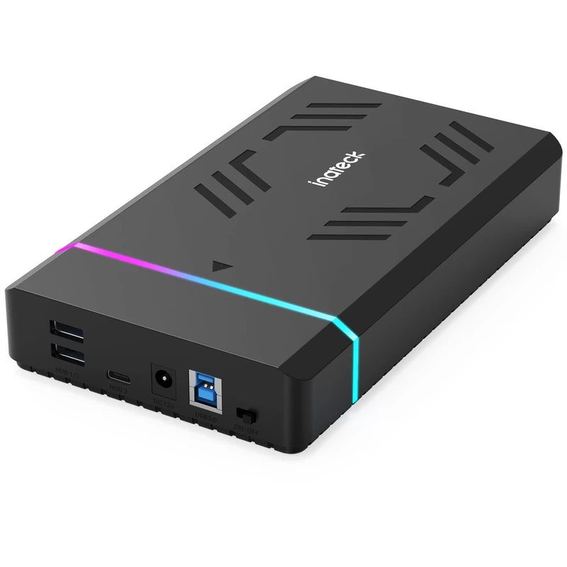 Inateck RGB 3.5 Inch Hard Drive Enclosure, USB 3.0 External Hard Drive Enclosure for 2.5/3.5 Inch SATA HDD and SSD, with Expansion Ports and 12 V/2 A Power Adapter, Supports up to 20 TB, FE3003