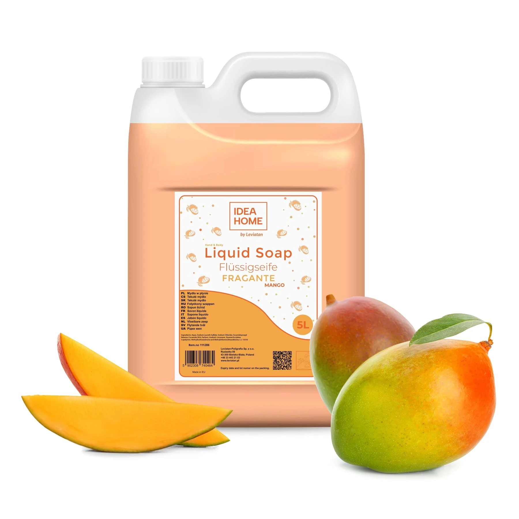 IDEA HOME FRAGANTE Hand Soap Liquid 5L - Soap Canister for All Skin Types - Good Foaming Liquid Soap 5 Litres - Cream Soap Rich in Vitamins A, E, F and Minerals - Mango