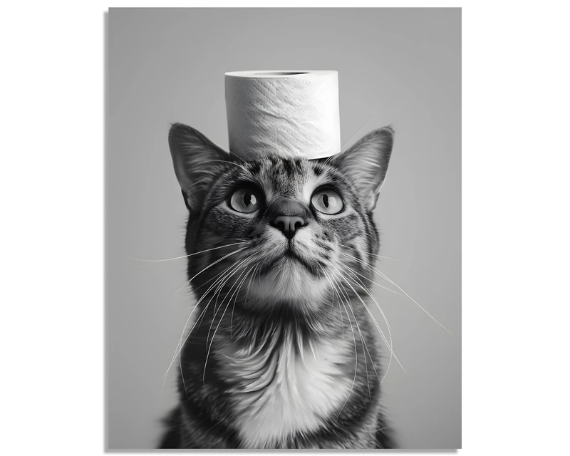 OWNANRTHM Cat Bathroom Canvas Wall Art Funny Animal Bathroom Wall Art Cat Toilet Paper Painting Black and White Animal Toilet Pictures for Bath Restroom Wall Decor Framed 24X30 inch