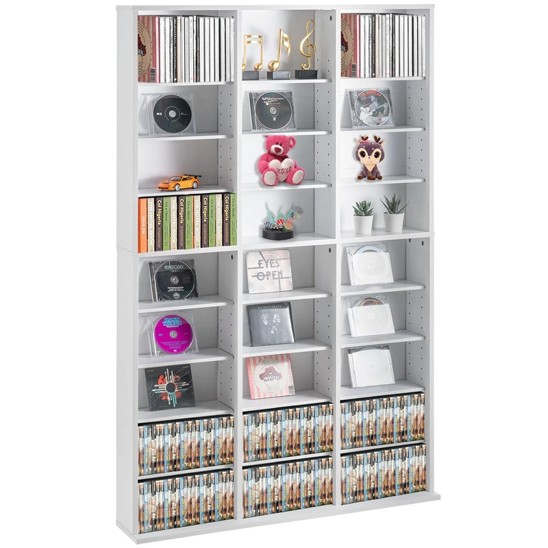 VEVOR Media Storage Cabinet, 9-layer DVD Shelf Holds up to 756 CDs, Adjustable CD Shelves 27 Compartments, Protects & Organizes Music, Movie, Video Games or Memorabilia Collections,White