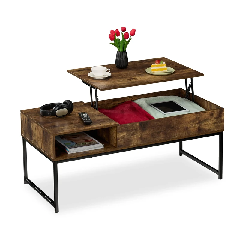 Relaxdays Coffee Table with Lift Top, Side Section, Compartment with Storage Space, Wood-Look, 45 x 110 x 50 cm, Brown
