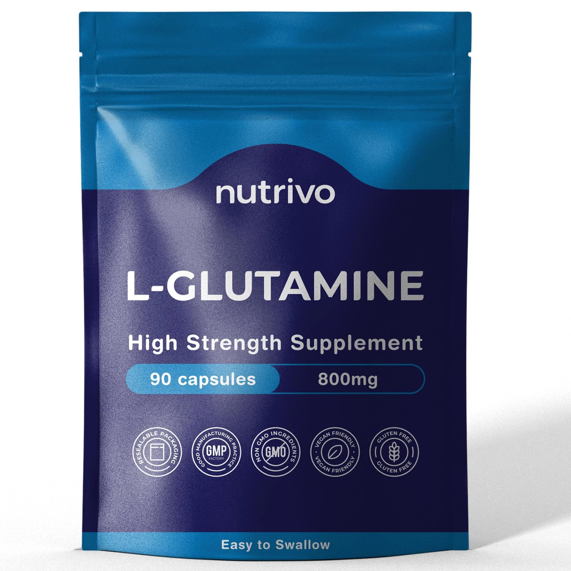 L-Glutamine 800mg Capsules | 90 Capsules Per Pouch | L-Glutamine Nutritional Supplements | Supports Muscle and Gut Health | Good Alternative to Powder and Tablets | Vegan & UK Made