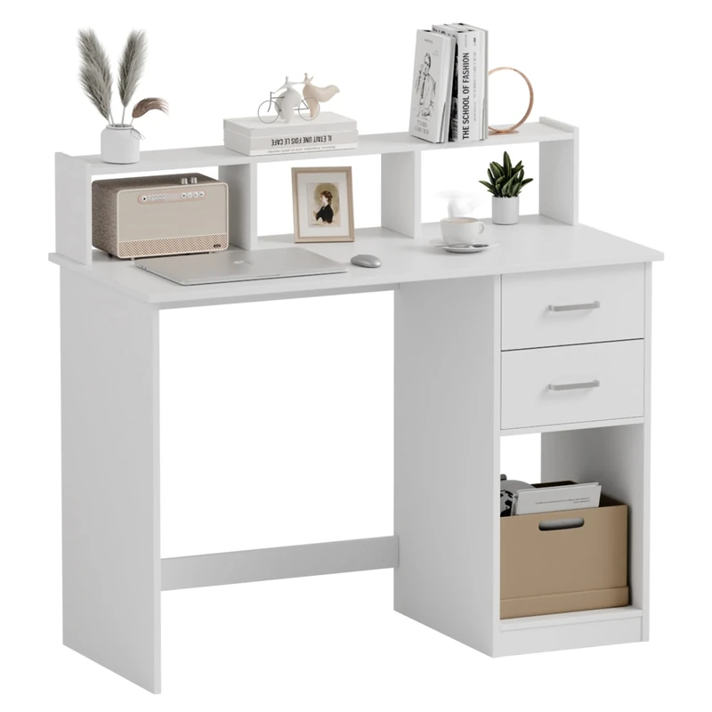 Mondeer White Computer Desk with 2 Drawers and Storage Shelves, 105 x 48 x 94 cm, Laptop Study Table for Small Space Home Office Workstation