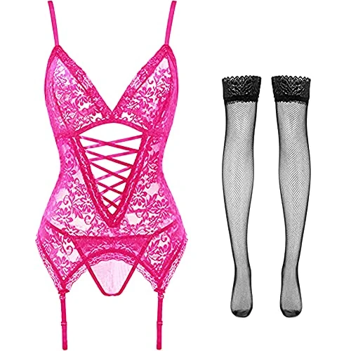 VicSec Women Lingerie Set Lace Bodysuit with Garter Belt Sexy Teddy Babydoll with Suspenders Thigh High Stockings Floral Strappy Underwear Deep V Neck Nightwear for Valentine Halloween Date