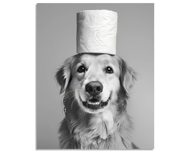 OWNANRTHM Dog Bathroom Wall Art Dog Toilet Painting Black and White Animal Bathroom Canvas Wall Art Funny Pet Animal Toilet Paper Poster Pictures for Bath Restroom Wall Framed 24x30 inch
