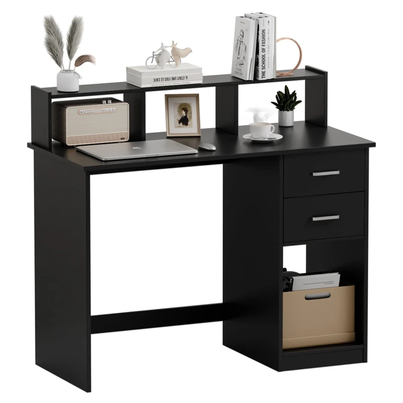 Mondeer Computer Desk with 2 Drawers and Storage Shelves, 105 x 48 x 94 cm, Laptop Study Table for Small Space Home Office Workstation, Black