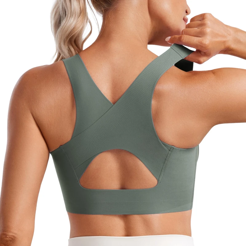 CRZ YOGA Women's Flex Sculpt Sports Bra High Impact Padded Wireless Running Bra Racerback U Neck Yoga Bras Workout Crop Top Grey Sage 12
