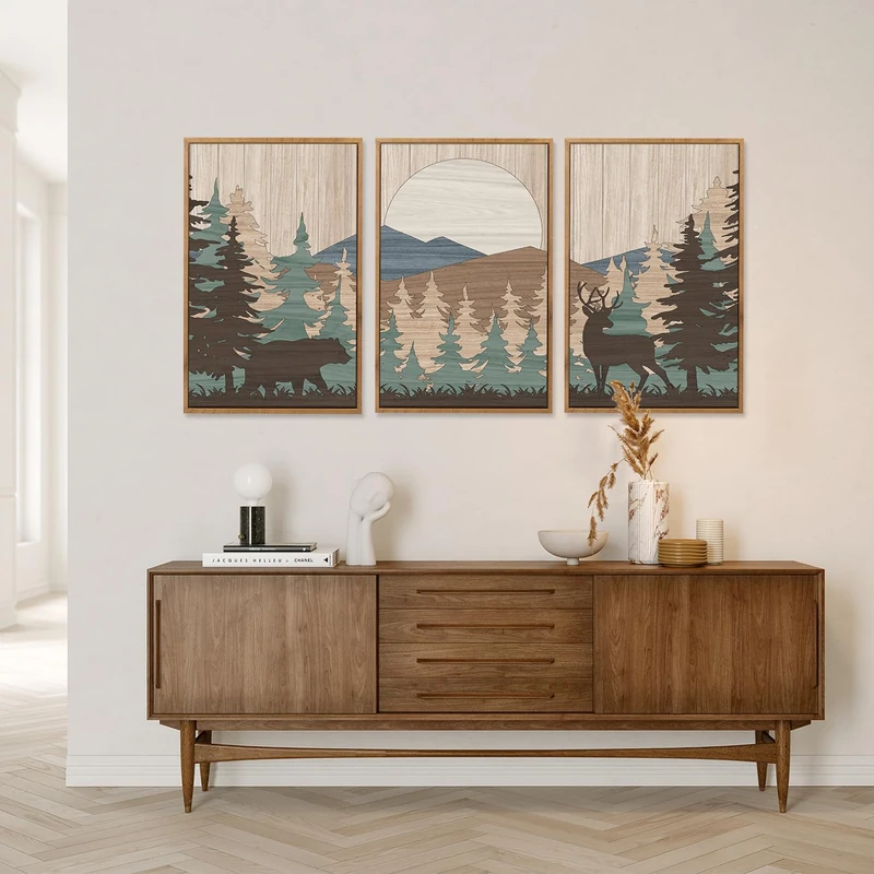 CHDITB Watercolor Woodland Bear Deer Wild Animals Framed Wall Art(Set of 3, 24"x36"), Retro Forest Mountain Sun Artwork Painting, Adventure Themed Nature Landscape Posters Print for Nursery Baby Boy