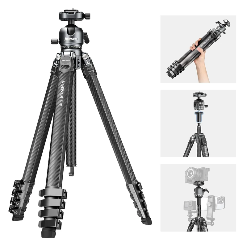 NEEWER LITETRIP LT38 61" Travel Tripod Carbon Fiber for Camera, 360° Pan Tilt Low Profile Ball Head, Flexible Center Axis, Arca QR Plate Compatible with Peak Design Tripod Clip V3, Max Load 22lb