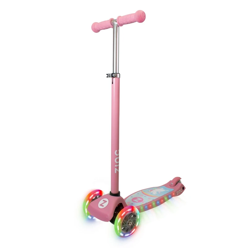 Zinc Superstar Kids Scooter for Ages 3+ – Three Wheeled Boys & Girls Scooter with LED Light Up Deck & Wheels, Adjustable Handlebar, Lean ‘n’ Steer Controls, Rear Brake, Soft Rubber Grips, Pink Unicorn