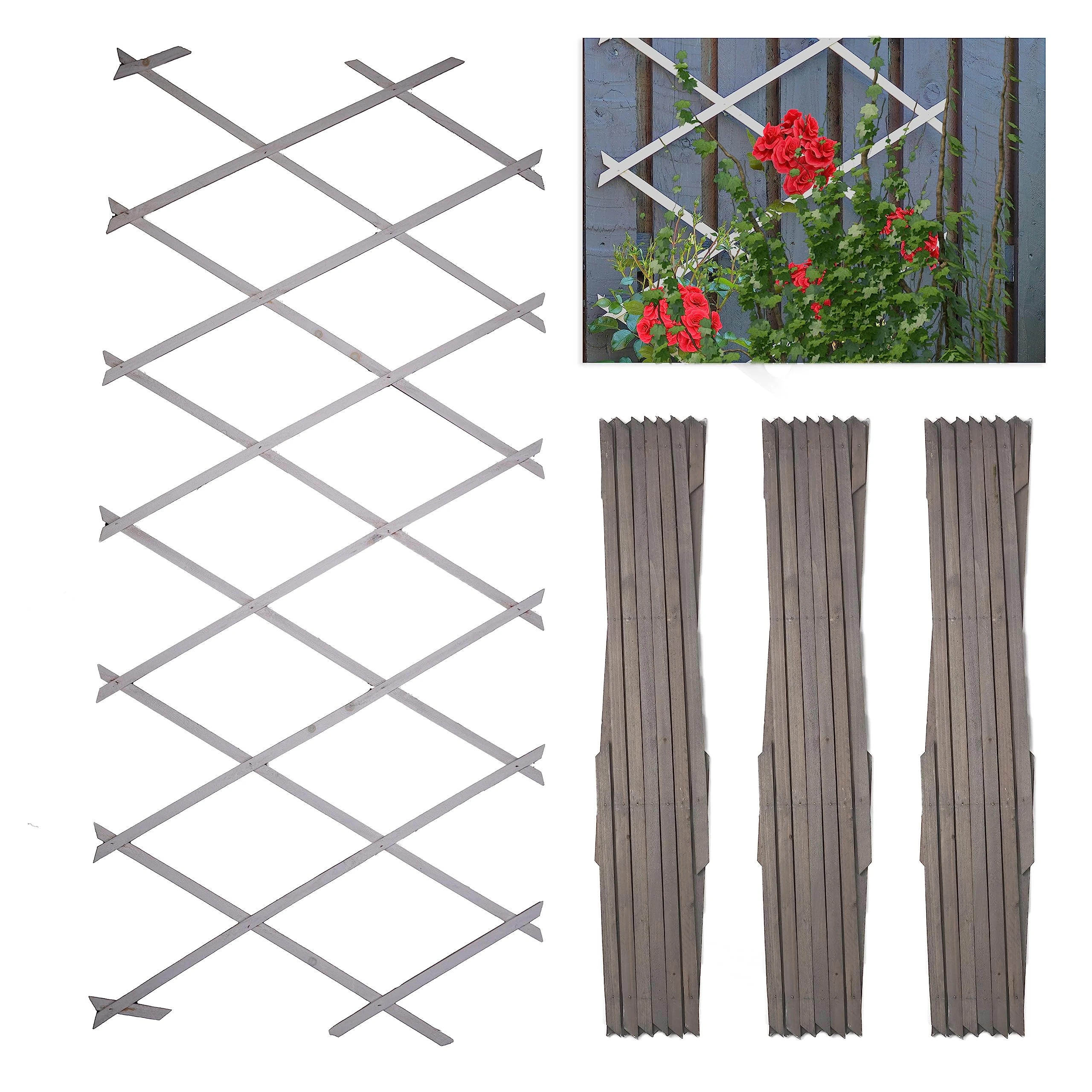 DIVCHI Wooden Trellis Expandable Garden Wall Trellis For Climbing Plants Decoration & Plants Partitioning (Pack Of 3) (180cm x 30cm) (Grey)