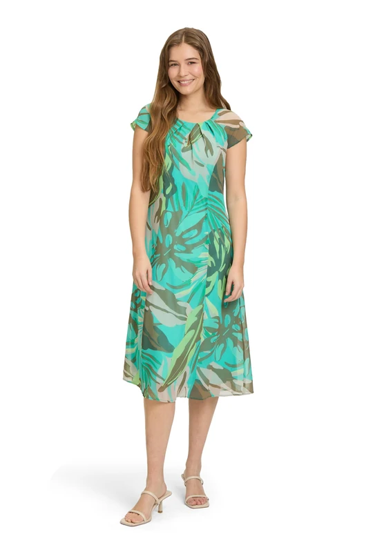 Betty Barclay Women's Chiffon Bodycon Dress, Khaki/Blue, 14