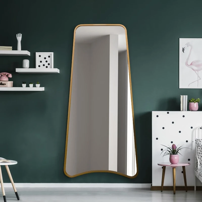 The Coartans - New Gold Metal Isoscelles Trapezoid Shape Framed Wall Mirror with arched bottom. 79" X 38" (200CM X 95CM).