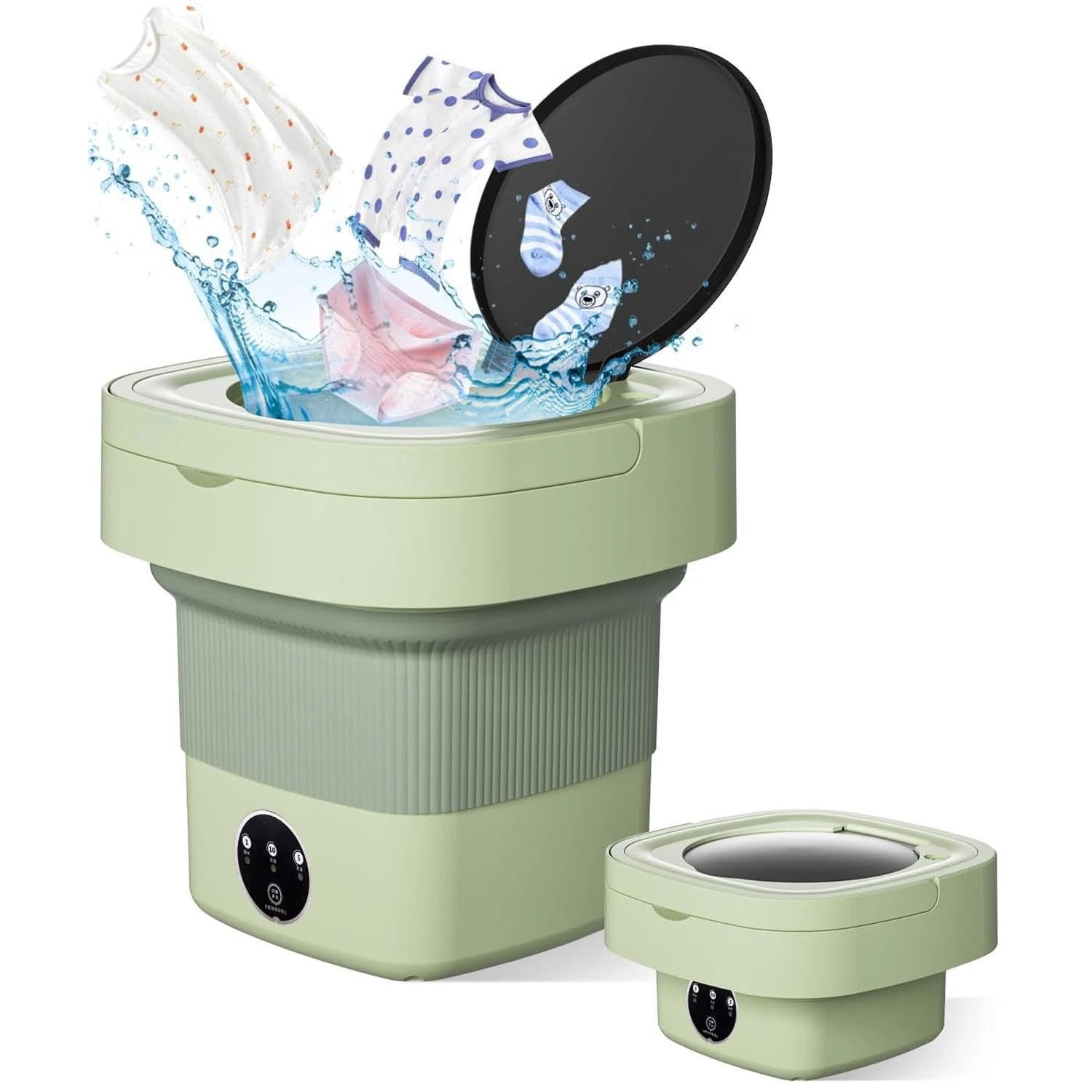 Foldable Portable Washing Machine - 10L Green Mini Laundry Washer - 2-in-1 Smart Washer with 3 Cleaning Modes for Baby Clothes, Underwear, Travel & Camping | Compact Design [Energy Class A]