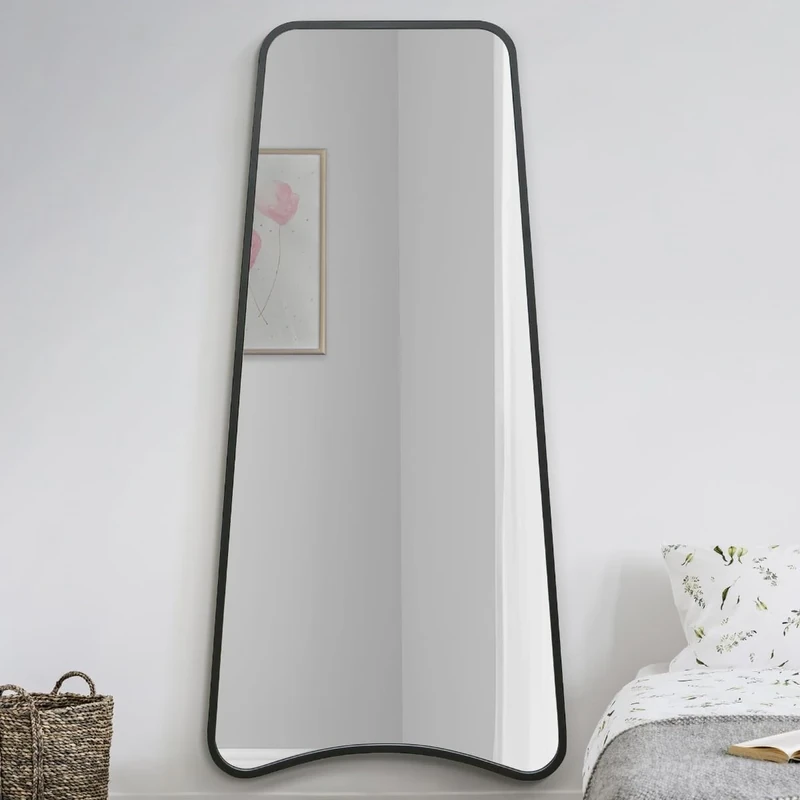 The Coartans - New Black Metal Isoscelles Trapezoid Shape Framed Wall Mirror with arched bottom. 71" X 34" (180CM X 85CM).
