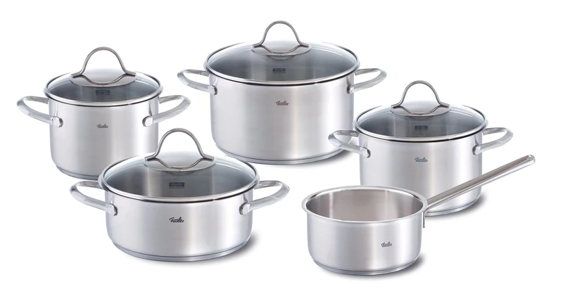 Fissler Palermo/Stainless Steel Saucepan Set of 5 Pots with Glass Lids (3 Saucepans, 1 Stewing Pan, 1 Saucepan) - Induction
