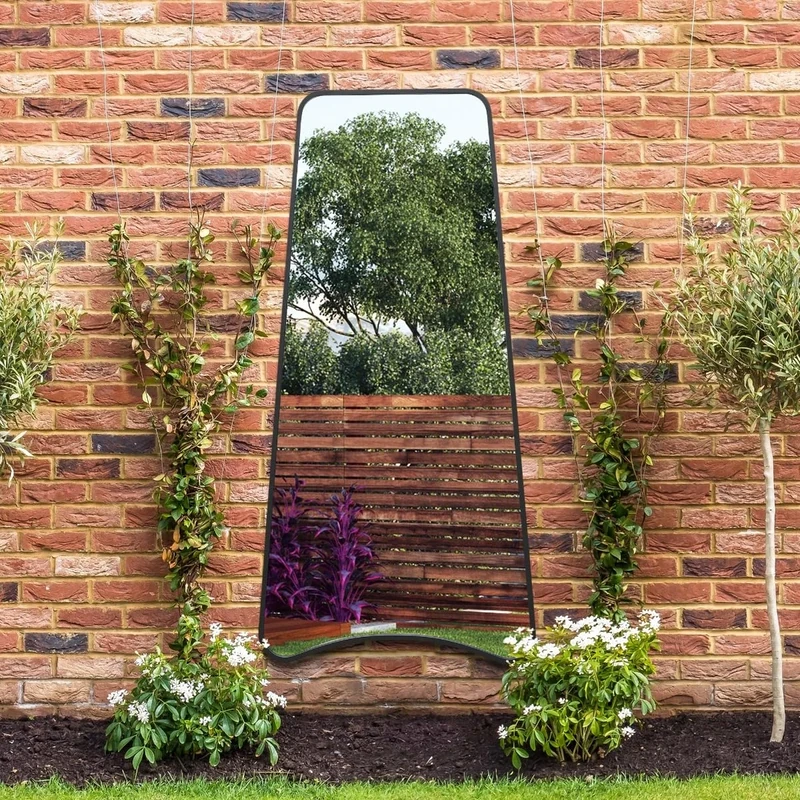 The Coartans - New Black Metal Isoscelles Trapezoid Shape Framed Garden Wall Mirror with arched bottom. 79" X 38" (200CM X 95CM)