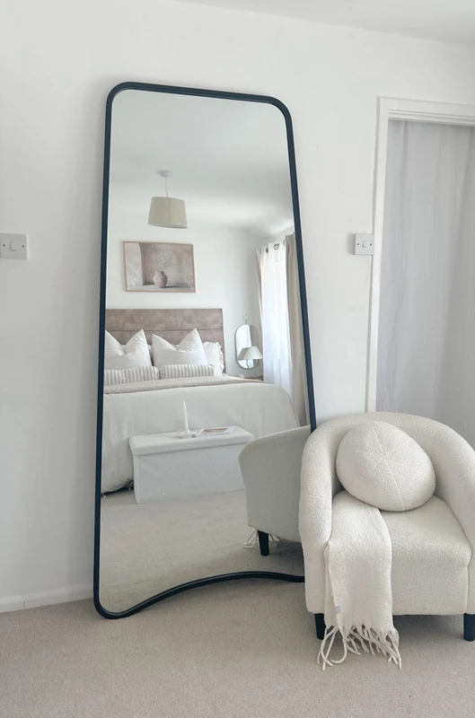 The Coartans - New Black Metal Isoscelles Trapezoid Shape Framed Wall Mirror with arched bottom. 79" X 38" (200CM X 95CM)