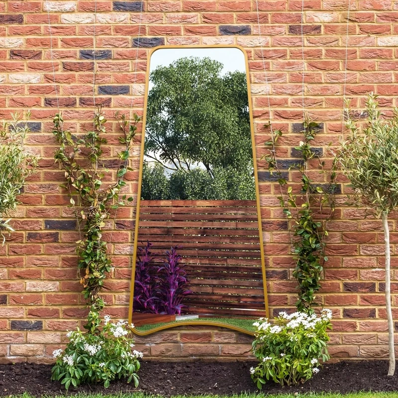 The Coartans - New Gold Metal Isoscelles Trapezoid Shape Framed Garden Wall Mirror with arched bottom. 79" X 38" (200CM X 95CM)