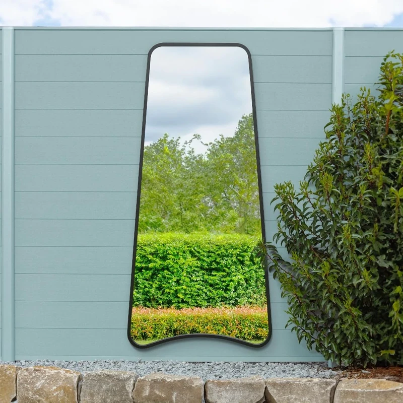 The Coartans - New Black Metal Isoscelles Trapezoid Shape Framed Garden Wall Mirror with arched bottom. 71" X 34" (180CM X 85CM)