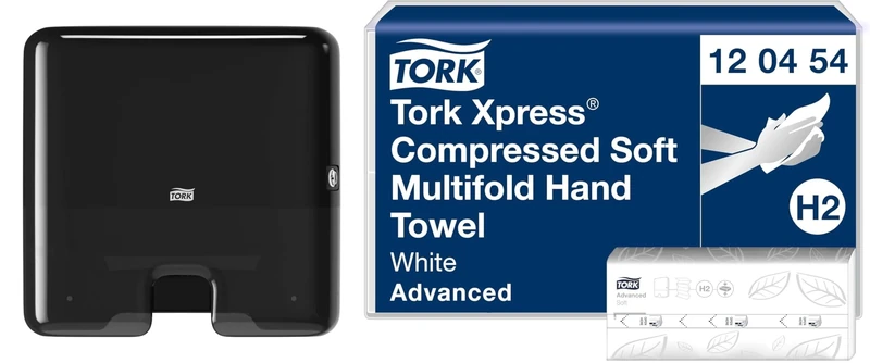 Tork Xpress Multifold Mini Hand Towel Wall Mounted Dispenser Black 552108 + Soft Multifold Hand Towels White, 12 x 200 sheets, 120454