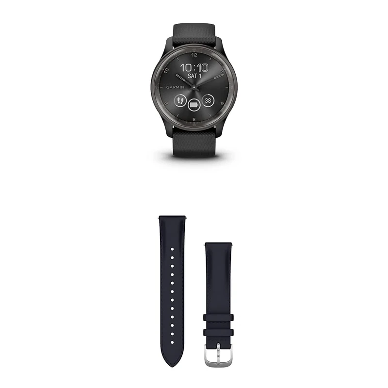 Garmin vívomove Trend, Stylish Hybrid Smartwatch with up to 5 days battery life, Black & Quick Release Band (20 mm) - Navy Embossed with Silver